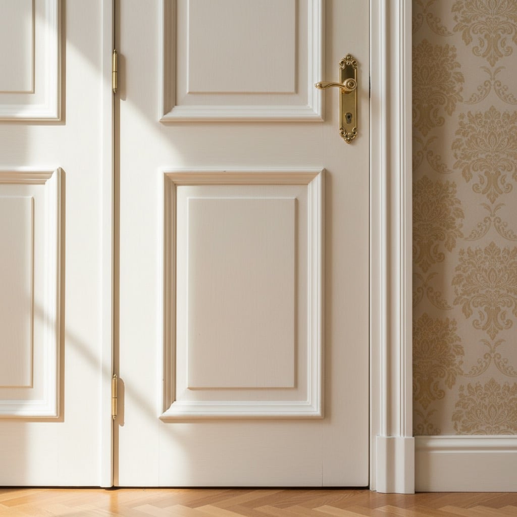 A white paneled door with a brass handle stands next to a wall with patterned damask wallpaper and a wooden herringbone floor.