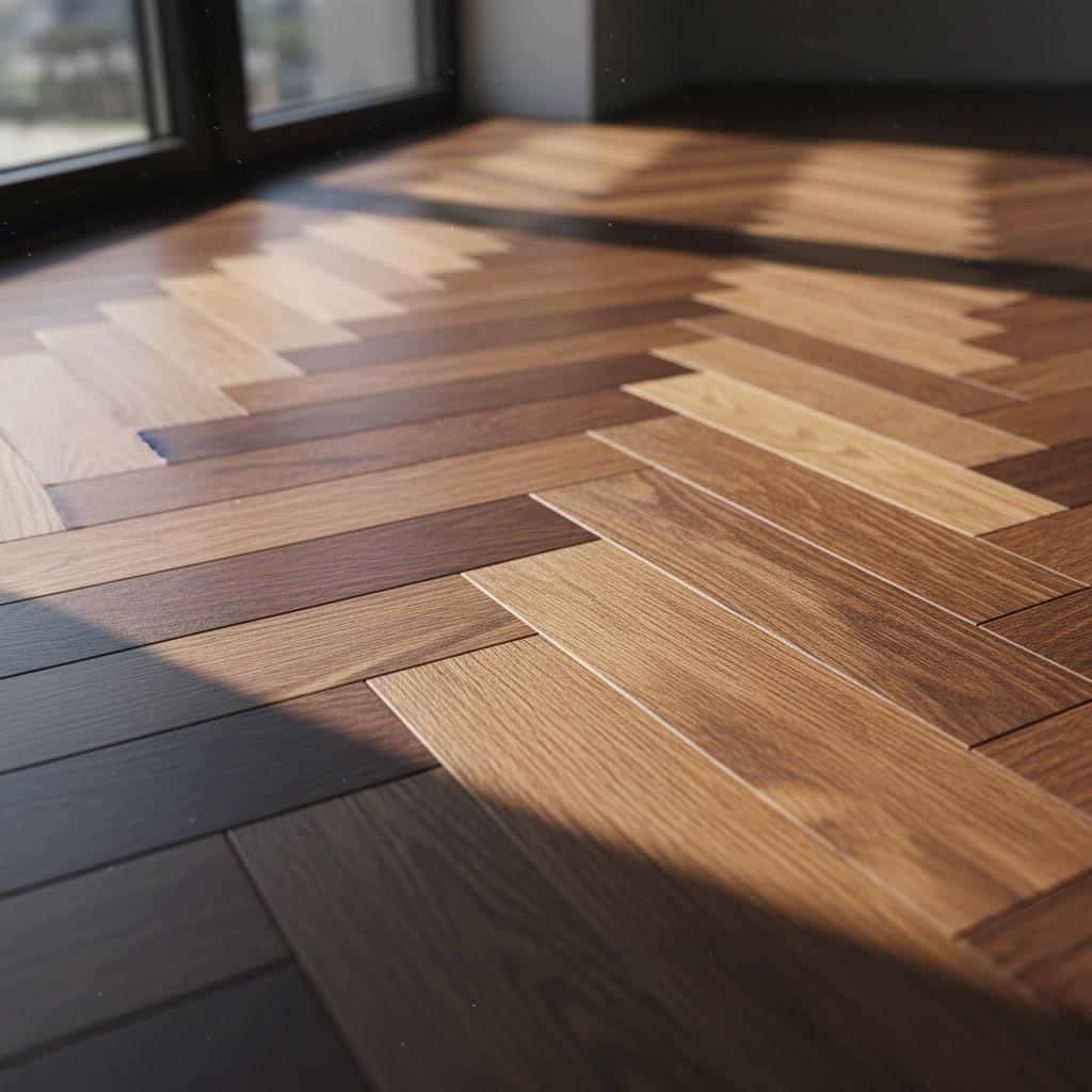 Sunlight casts shadows across a room with a herringbone-patterned wooden floor.