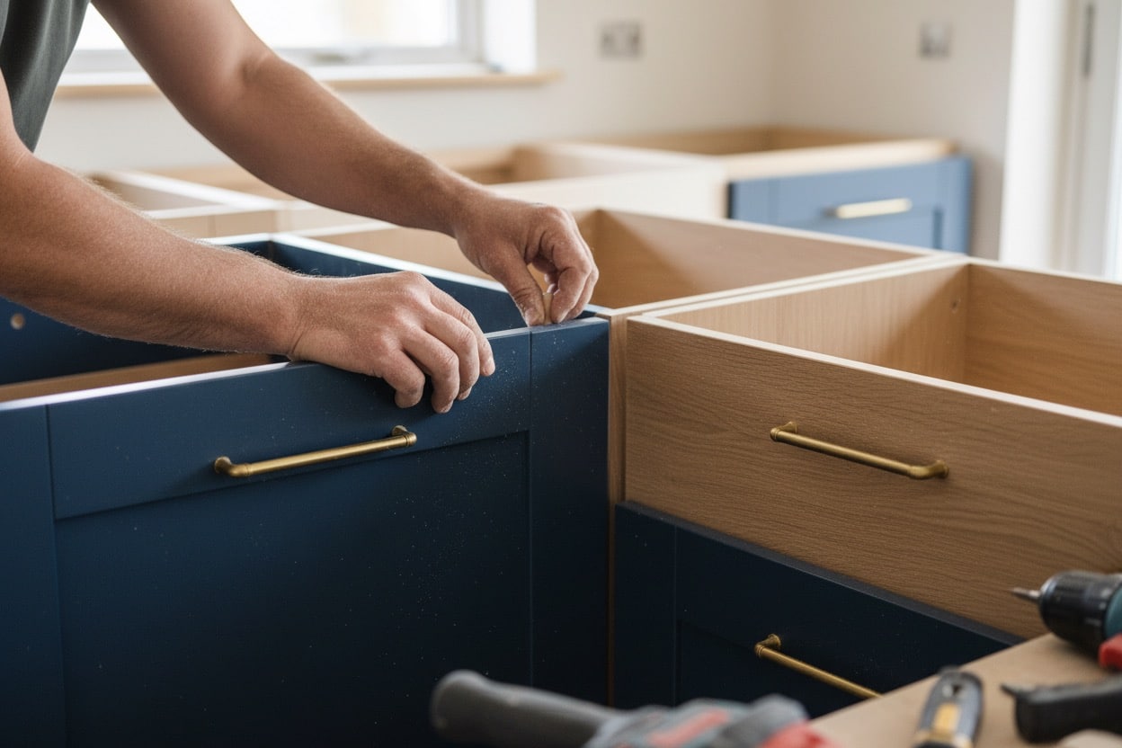 A carpenter installs a wooden cabinet panel with brass hardware in a kitchen under construction.
