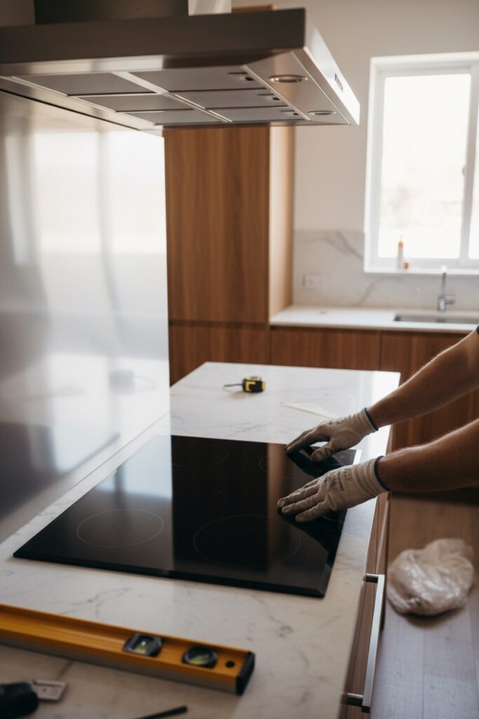 A worker wearing gloves installs a black induction cooktop into a marble kitchen countertop.
