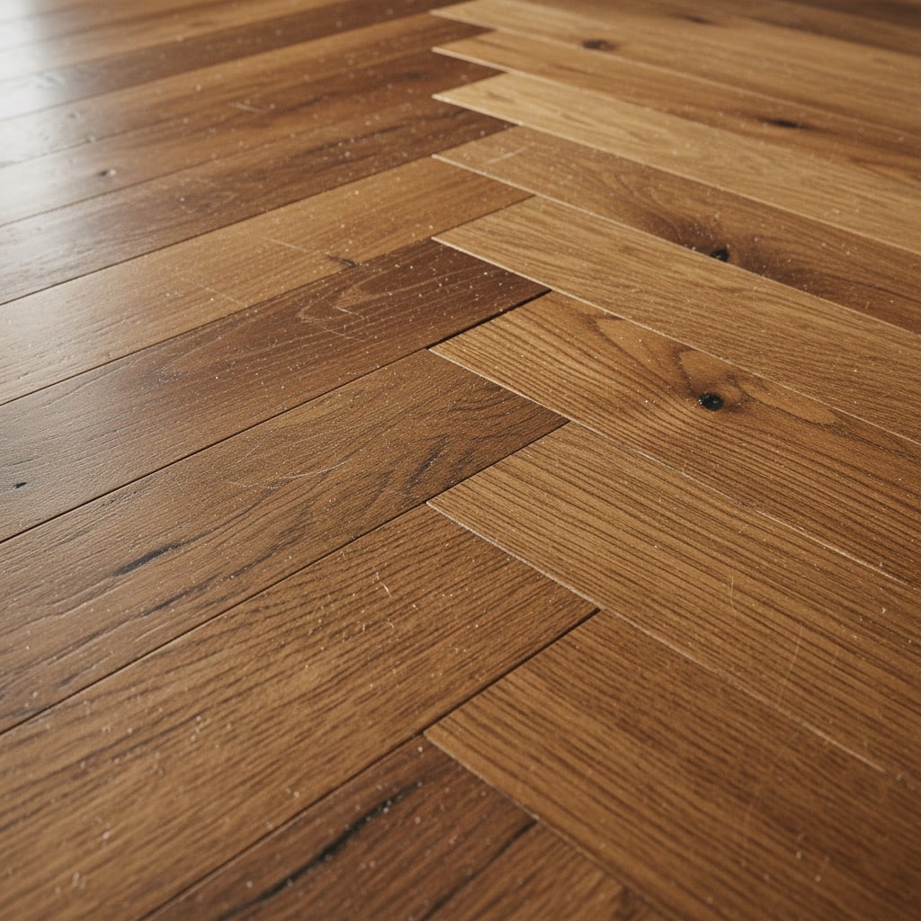 Close-up view of a light brown wooden floor installed in a herringbone pattern.